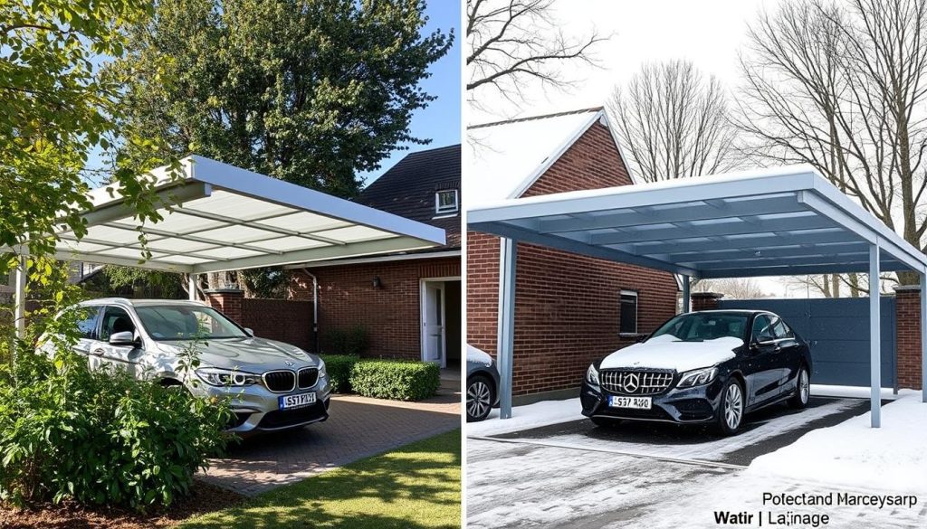 Carport in Genk tijdens verschillende seizoenen