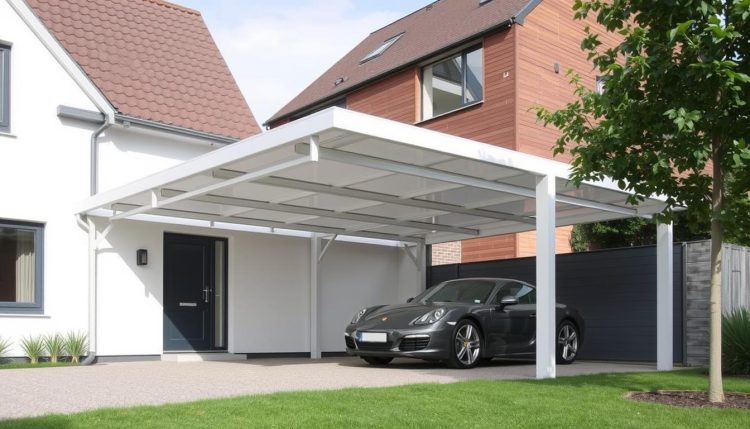 Moderne aluminium carport geplaatst bij een woning in Genk