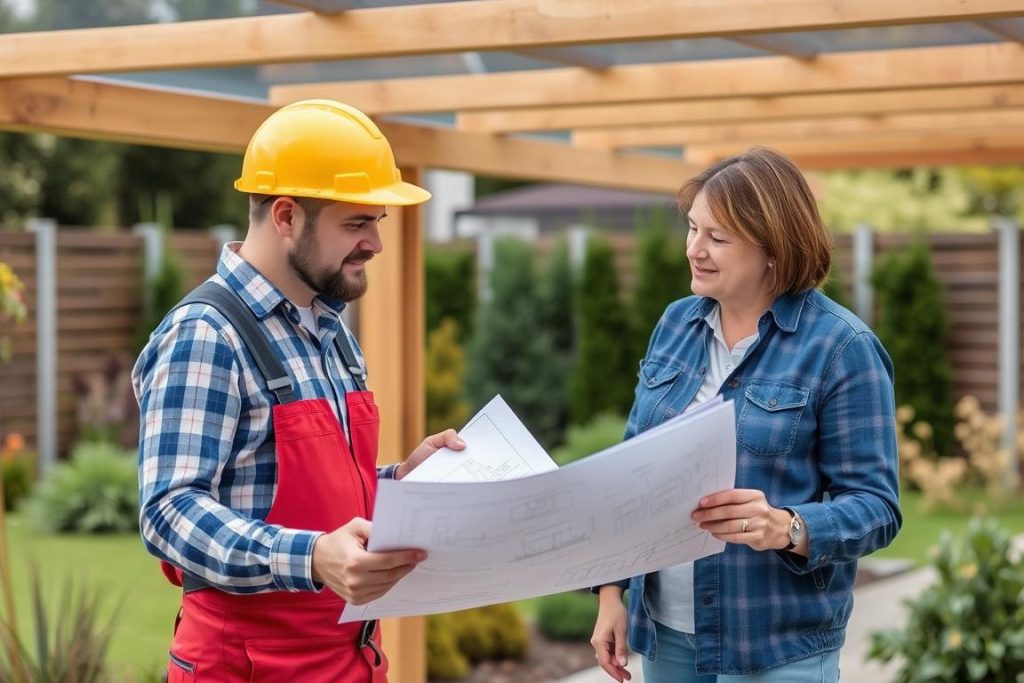 Professionele carport installateur in Genk bespreekt plannen met klant