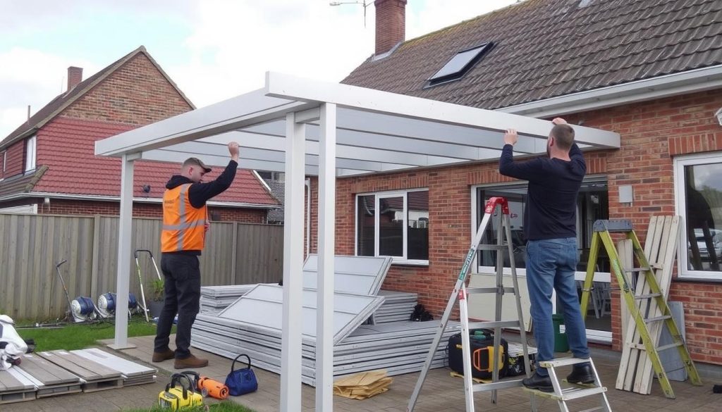 Professionele installateurs plaatsen een carport in Genk