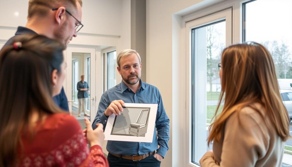 Radolux adviseur geeft uitleg over PVC ramen aan klanten in de showroom in Genk