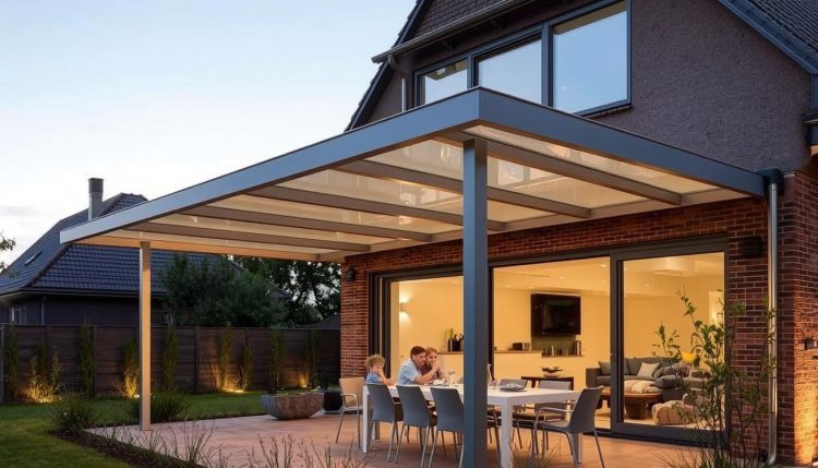 Terrasoverkapping aan huis Radolux Limburg met familie die geniet van buitenruimte