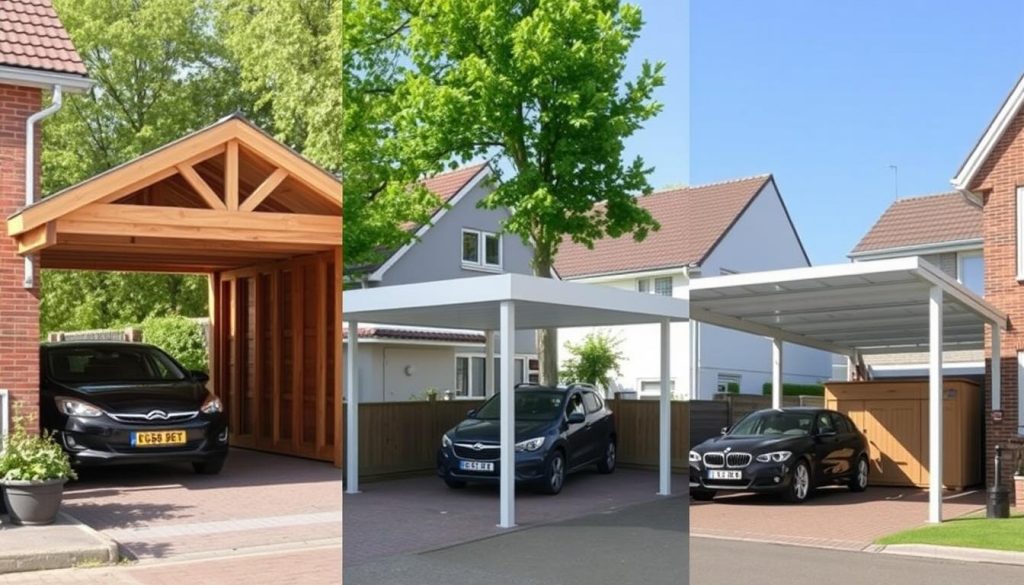 Verschillende carport types naast elkaar in een woonwijk in Genk