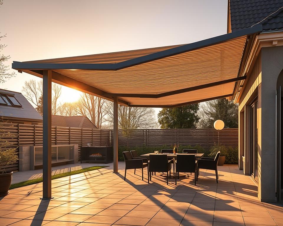 A luxurious Renson Camargue RADOLUX terrace canopy, bathed in warm, golden light filtering through the slatted roof. Elegant, minimalist aluminum frames support the sleek, retractable awning, casting dramatic shadows across the paved patio. The overkapping's clean lines and muted tones create an atmosphere of refined sophistication, perfectly suited for an upscale outdoor living space in Limburg. A seamless blend of high-end design and functionality, this premium terrasoverkapping exemplifies the epitome of luxury.