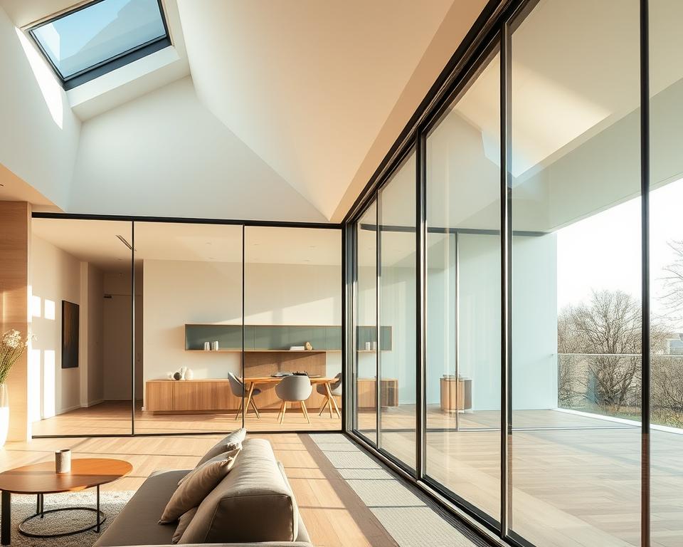 A luxuriously designed, high-quality glass sliding wall system in the heart of Antwerp, Belgium. Showcasing the RADOLUX brand's exceptional craftsmanship, the sleek, frameless panels seamlessly integrate into the modern home interior. Sunlight filters through the crystal-clear glass, creating a warm, airy atmosphere. Carefully positioned lighting accentuates the minimalist elegance, while the meticulously engineered mechanism ensures smooth, effortless operation. The glass panels appear to float, creating a sense of openness and fluidity between indoor and outdoor spaces. This premium solution, available for both Antwerp and Lille regions, elevates the living experience with its perfect balance of form and function.