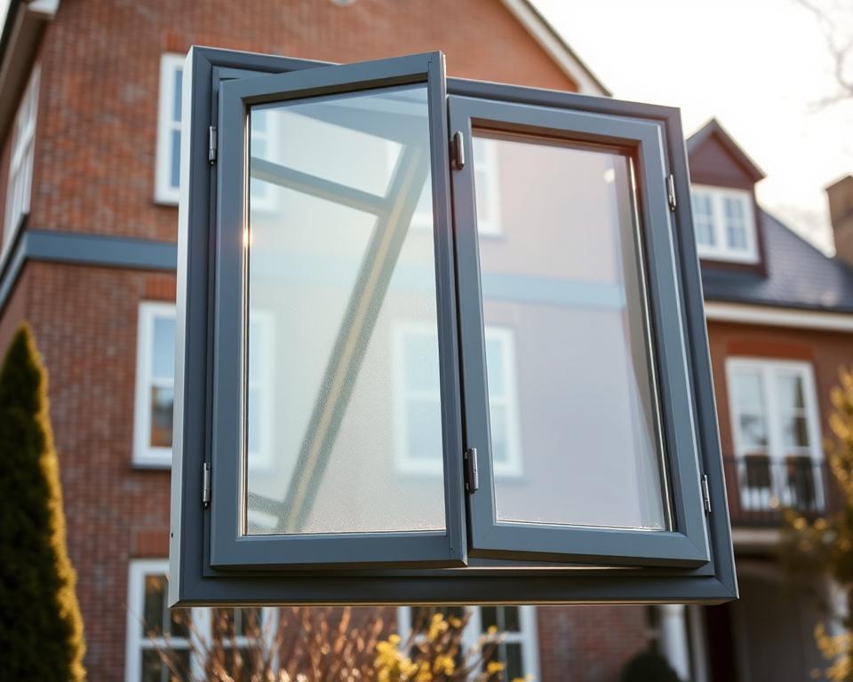A modern and energy-efficient RADOLUX triple-glazed window set against the backdrop of a stately Hasselt home. The frame is crafted from sleek PVC, with clean lines and a subtle tint that blends seamlessly with the facade. Sunlight filters through the glass, casting a warm glow and highlighting the window's superior insulation properties. In the foreground, the window's intricate locking mechanism and weather-resistant seals are visible, showcasing the advanced engineering that ensures optimal energy savings. The overall scene conveys a sense of quality, practicality, and environmental consciousness - qualities that define RADOLUX's specialized service in the Hasselt region.