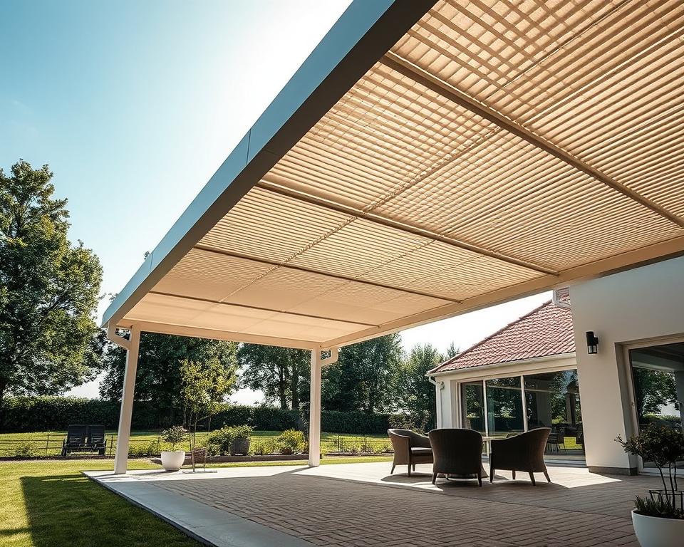 A modern, customized RADOLUX lamella overkapping in the peaceful Limburg countryside. The elegant aluminum frames support adjustable louvered panels that elegantly filter the natural light, casting warm shadows across the patio. The clean, minimalist design seamlessly integrates with the surrounding architecture. A wide-angle lens captures the structure from a low vantage point, emphasizing its sculptural quality and the lush greenery in the background. The overall scene evokes a serene, sophisticated ambiance perfect for outdoor living and entertaining.