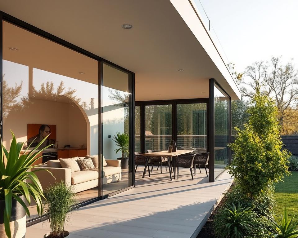 A modern, elegant glass-enclosed terrace in the Limburg region, featuring a RADOLUX sliding glass wall system. Warm natural lighting filters through the expansive glass panels, creating a seamless integration between indoor and outdoor spaces. The clean lines and minimalist design showcase the versatile combination possibilities, allowing the terrace to serve as a comfortable living area, dining space, or year-round retreat. Verdant plants and subtle accents add a touch of natural beauty, while the overall atmosphere exudes a sense of tranquility and relaxation.