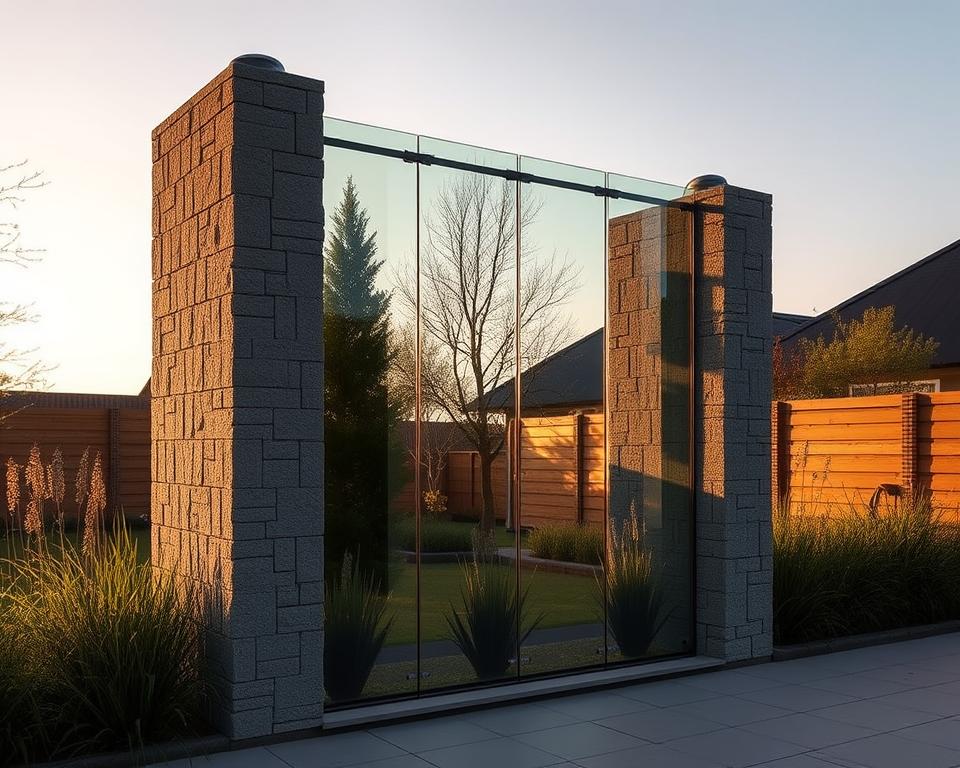 A modern, minimalist glass garden divider made of sleek, tempered glass panels seamlessly integrated with sturdy stone pillars, bathed in warm, natural lighting. The RADOLUX design features a clean, frameless aesthetic that blends effortlessly into the landscape, creating a harmonious and inviting outdoor living space. Precise craftsmanship and high-quality materials ensure durability and a premium look, offering a cost-effective solution for those seeking to enhance their carport or patio in Maastricht.