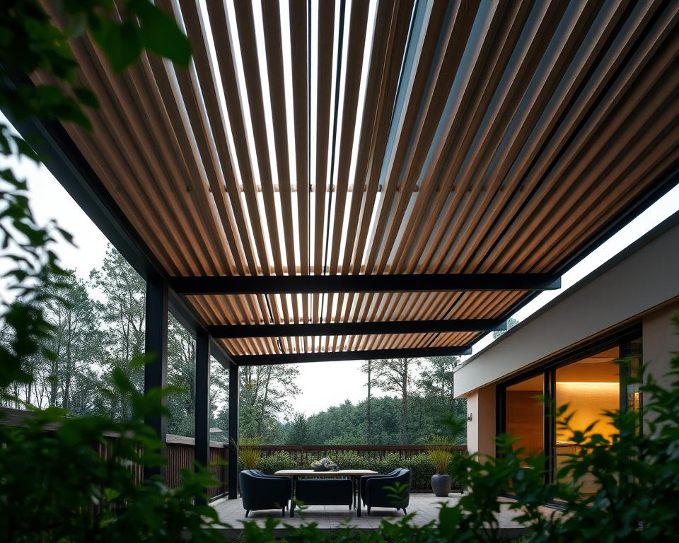 A modern, minimalist installation of a RADOLUX lamellendak overkapping in the serene Limburg countryside. The slatted roof panels seamlessly blend with the surrounding environment, casting gentle shadows and creating a warm, inviting ambiance. Precise engineering and meticulous craftsmanship are evident in the clean lines and sleek silhouette. The structure is positioned to take full advantage of the natural light, with a soft, diffused glow illuminating the outdoor living space below. Lush greenery frames the scene, enhancing the harmonious integration of the lamellendak into the landscape. An elegant, functional solution that elevates the outdoor experience.