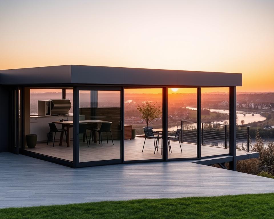 A modern, sleek glass sliding wall terrace in the Limburg service area, featuring the RADOLUX brand. The structure stands gracefully against a backdrop of the picturesque cities of Maastricht, Heerlen, and Geleen, with the Maas River gently flowing in the distance. Warm, natural lighting bathes the scene, highlighting the seamless integration of the terrace with the surrounding landscape. The glass panels reflect the serene environment, creating a harmonious and inviting atmosphere. This premium outdoor living space is the perfect solution for homeowners in Limburg seeking a high-quality, customizable carport laten plaatsen option.