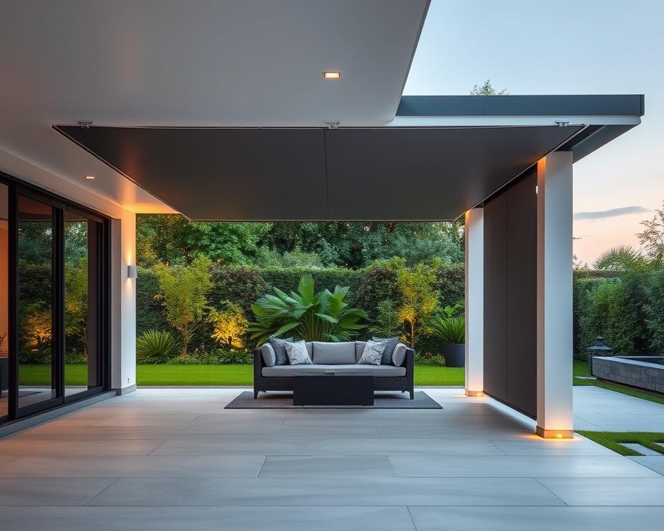 A modern, sleek outdoor living space featuring a RADOLUX overkapping with integrated screens. The screens gracefully retract, allowing you to control the flow of air and light. The middle ground showcases a cozy seating area with plush furniture, while the background depicts a lush, verdant garden, creating a tranquil, al fresco ambiance. Subtle LED lighting accents the edges, casting a warm glow, and a discreet heating system ensures year-round comfort. The overall scene exudes a sense of refined elegance and functionality, perfectly suited for the Tongeren region's temperate climate.