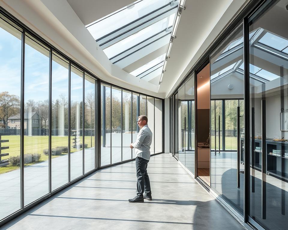 A modern, well-lit showroom displaying a range of RADOLUX glass sliding walls in the picturesque Limburg region. The floor-to-ceiling panels create a seamless, panoramic view, allowing natural light to flood the space. Sleek metal frames and precision-engineered hardware showcase the durability and smooth operation of these high-quality glazed walls. The setting evokes a sense of contemporary elegance, with polished concrete floors and minimalist decor complementing the transparent, minimalist design. A technician in the foreground demonstrates the effortless sliding mechanism, highlighting the ease of use and maintenance.