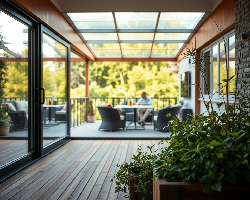 A peaceful and well-maintained glazed sliding door terrace in Limburg, Belgium and the Netherlands. The RADOLUX sliding glass doors seamlessly blend into the surrounding natural landscape, framing a serene outdoor living space. Soft, warm lighting casts a gentle glow, highlighting the clean lines and transparent materiality. In the foreground, a well-tended planter overflows with lush greenery, complementing the earthy tones of the weathered wood deck. The middle ground features a couple casually enjoying the tranquil atmosphere, while the background showcases a verdant garden vista. Attention to detail and regular maintenance ensure this terrace remains a comfortable, low-maintenance oasis.