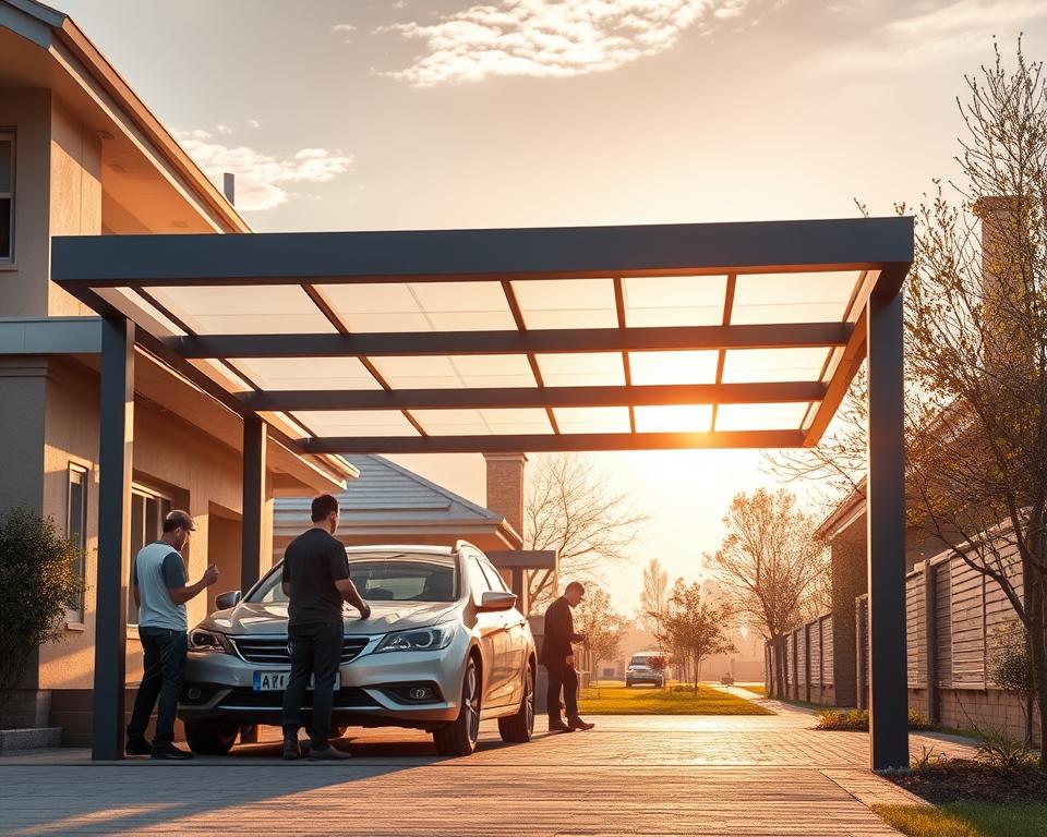 A professional, well-designed RADOLUX carport installation in Hamont, offering premier services. The carport stands tall, its clean lines and sturdy frame casting a modern, yet inviting silhouette against a sun-dappled backdrop. Carefully crafted from high-quality materials, it exudes an air of quality and durability. In the foreground, a team of skilled technicians meticulously assemble the carport, their attention to detail evident in every step. The middle ground showcases the carport's versatility, blending seamlessly with the surrounding landscape. The background features a tranquil residential setting, where the RADOLUX carport serves as a functional yet aesthetically pleasing addition to the property. Warm, natural lighting bathes the scene, creating a welcoming and professional atmosphere.