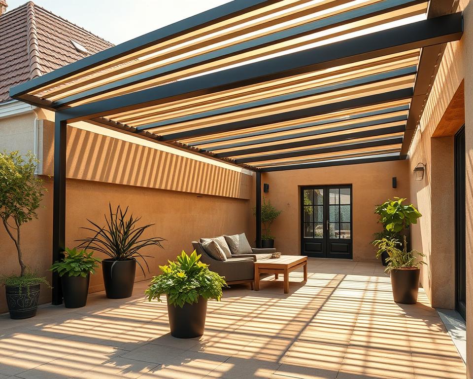 A sleek and modern RADOLUX lamellendak overkapping adorns a serene Belgian patio, its adjustable slats casting intricate shadows across the warm-toned stone floor. The structure stands tall, its clean lines and minimalist design in perfect harmony with the surrounding architecture. Soft, diffused sunlight filters through the openings, creating a cozy and inviting ambiance. Verdant potted plants and pops of vibrant greenery accent the scene, further enhancing the tranquil, outdoor living atmosphere. The entire setup exudes a sense of refined elegance and functionality, showcasing the versatility and aesthetic appeal of this high-quality Belgian lamellendak solution.