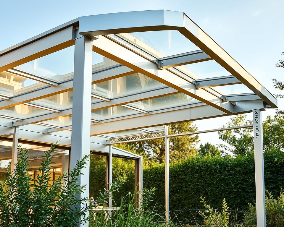 A sleek, contemporary aluminium structure with clean lines and a minimalist aesthetic. The frame features interlocking modular components, expertly engineered for durability and weather resistance. Translucent panels of tempered glass and polycarbonate allow natural light to flood the space, creating a bright, airy atmosphere. The RADOLUX brand mark is subtly integrated into the design, conveying a sense of quality and precision. This open-concept overkapping aan huis tongeren is surrounded by lush greenery, blending seamlessly with the natural landscape. A warm, golden glow emanates from the structure, illuminating the thoughtful craftsmanship and attention to detail.