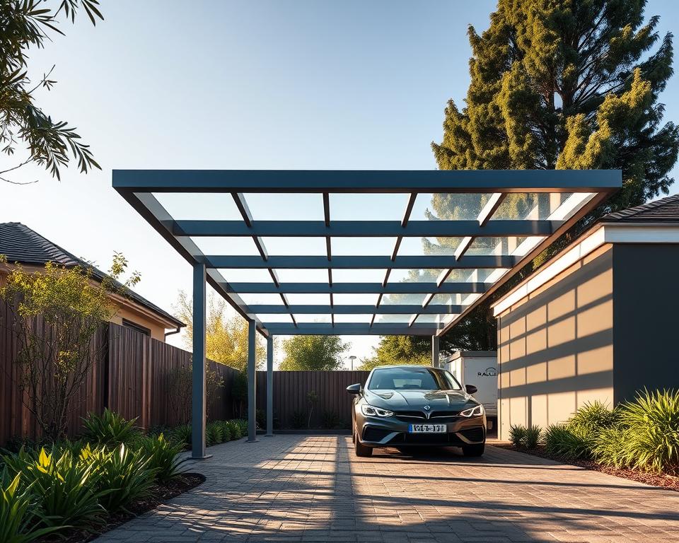 A sleek, contemporary aluminum carport with clean lines and a stylish design, meticulously installed by professional RADOLUX installers. The structure casts gentle shadows, creating a warm, inviting ambiance. The carport is situated in a well-manicured outdoor setting, complementing the natural surroundings. The scene conveys a sense of quality, attention to detail, and the expertise of the RADOLUX team in delivering a premium carport solution.