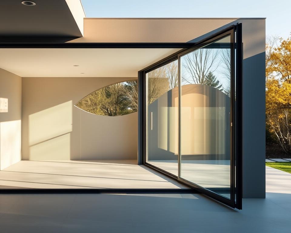 A sleek, contemporary glass sliding wall system set against a warm, natural backdrop. The RADOLUX frameless glass panels glide effortlessly, maximizing openness and light. Subtle hardware and precise engineering create a seamless, minimalist aesthetic. Crisp shadows cast by the angled afternoon sun accentuate the clean lines. The tempered glass panels offer unobstructed views, blending indoor and outdoor spaces in a harmonious, high-end design. Attention to detail is evident in the flush thresholds and invisible track system. This premium sliding wall solution is ideal for modern homes and commercial spaces in Limburg and Antwerp, providing versatile, energy-efficient zoning.