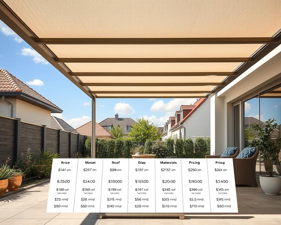 A sunny, modern outdoor setting featuring a stylish RADOLUX patio cover with a sleek, minimalist design. The cover is constructed with high-quality, durable materials, creating a cozy and inviting atmosphere. In the foreground, a neatly organized display showcases various pricing options for different materials and roof types, allowing for transparent and informed decision-making. The middle ground features a well-manicured garden, complementing the contemporary aesthetic. The background depicts a serene, residential neighborhood, establishing the local context of Tongeren. The overall mood is one of clarity, approachability, and a commitment to providing the best value for homeowners in the region.