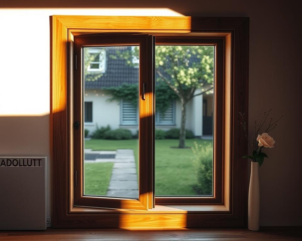 A well-crafted, custom-built RADOLUX window frame takes center stage, showcasing the meticulous craftsmanship of Zonhoven artisans. Warm, directional lighting casts soft shadows, accentuating the rich wood grain and precise mitered joints. In the background, a sun-dappled courtyard provides a serene, natural setting, complementing the window's harmonious design. The overall composition conveys a sense of pride in bespoke carpentry, where form and function seamlessly converge to create a truly exceptional, personalized product.