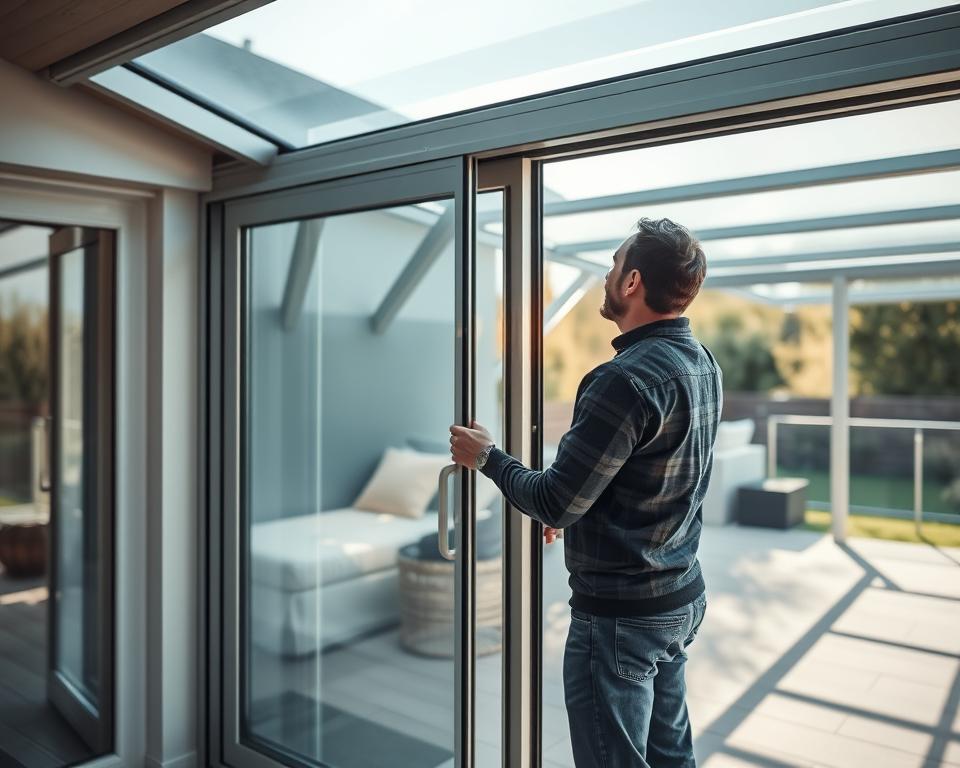 A well-maintained RADOLUX glass sliding door terrace in Hasselt, Belgium. A man carefully inspects the glass panels, ensuring smooth operation and pristine condition. Soft natural lighting filters through the door, casting a warm glow on the sturdy aluminum frame and the adjoining carport structure. The terrace offers a seamless transition between indoor and outdoor living spaces, with the glass panels enhancing the sense of openness and connection to the surrounding environment.