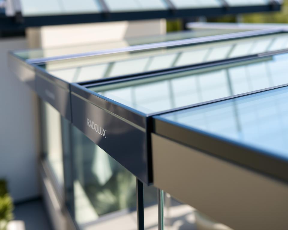 A well-maintained glass sliding wall system for an outdoor space, featuring the RADOLUX brand. A close-up view showcases the attention to detail, with clean lines, seamless transitions, and a sleek glass surface. The scene is illuminated by natural sunlight, casting soft shadows and highlighting the material's clarity. The background blurs out, allowing the glass structure to take center stage. The overall atmosphere conveys a sense of modern, low-maintenance elegance suitable for a carport or balcony setting.
