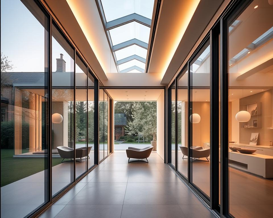 Luxurious glass sliding walls in Antwerp, featuring RADOLUX's premium quality craftsmanship. Towering panels of crystal-clear tempered glass, framed by sleek, polished aluminum profiles. Flood the space with natural light, seamlessly blending indoor and outdoor environments. Elegant, minimalist design that exudes sophistication. Meticulously engineered for effortless operation, these sliding walls create a sense of open, airy grandeur. Captured through a wide-angle lens, the image showcases the seamless integration of these luxurious glass partitions into an exclusive Antwerp-based project, bathed in warm, ambient lighting.