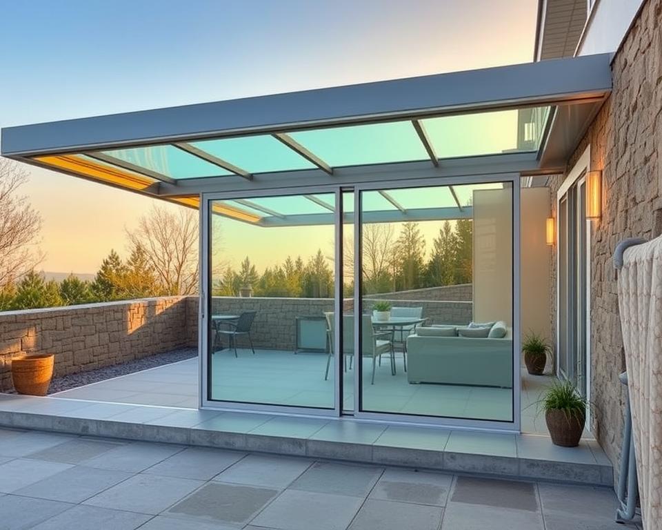 A RADOLUX glass sliding door patio cover in a modern, minimalist style. The large, frameless glass panels slide effortlessly, allowing for an unobstructed view and seamless integration between the indoor and outdoor spaces. The clean, sleek design features aluminum tracks that blend seamlessly into the structure, creating a visually striking and functional oasis. Warm, natural light filters through the glass, bathing the scene in a soft, inviting glow. The patio cover is situated in a serene, stone-clad setting, adding a touch of sophistication and timeless appeal. The overall atmosphere evokes a sense of tranquility and an appreciation for the beauty of contemporary architectural design.