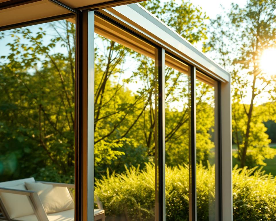 A beautifully crafted RADOLUX glazen schuifwand shimmering in the warm afternoon sunlight, its sleek glass panels seamlessly blending with the natural surroundings of Houthalen. The frame is a modern aluminum in a sleek silver tone, complementing the transparent glass panels that offer an unobstructed view of the lush greenery beyond. The sliding mechanism operates smoothly, allowing for easy, effortless opening and closing. The overall design exudes a sense of elegance and functionality, perfectly suited for an outdoor living space that seamlessly connects the interior and exterior. The high-quality materials and craftsmanship of this RADOLUX glazen schuifwand promise durability and a swift, affordable installation in Houthalen.