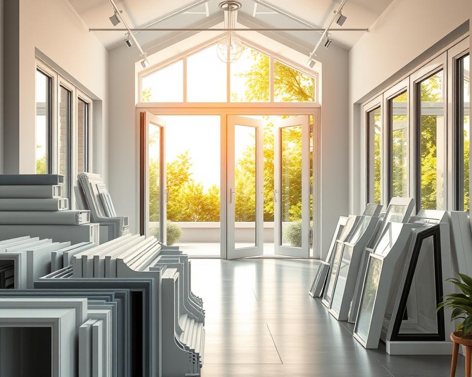 A bright, airy showroom showcasing a selection of sleek RADOLUX PVC ramen and deuren. The foreground features a display of various PVC frame profiles, highlighting their clean lines and durable construction. In the middle ground, a series of floor-to-ceiling PVC doors stand open, inviting viewers to step through and imagine the seamless integration into a modern home. The background depicts a serene outdoor scene, with lush greenery framing the PVC windows and doors, emphasizing their ability to bring nature indoors. Warm, natural lighting filters through the PVC frames, casting a warm, welcoming glow throughout the space. The overall atmosphere conveys the affordability, quality, and energy-efficiency of RADOLUX PVC ramen and deuren.