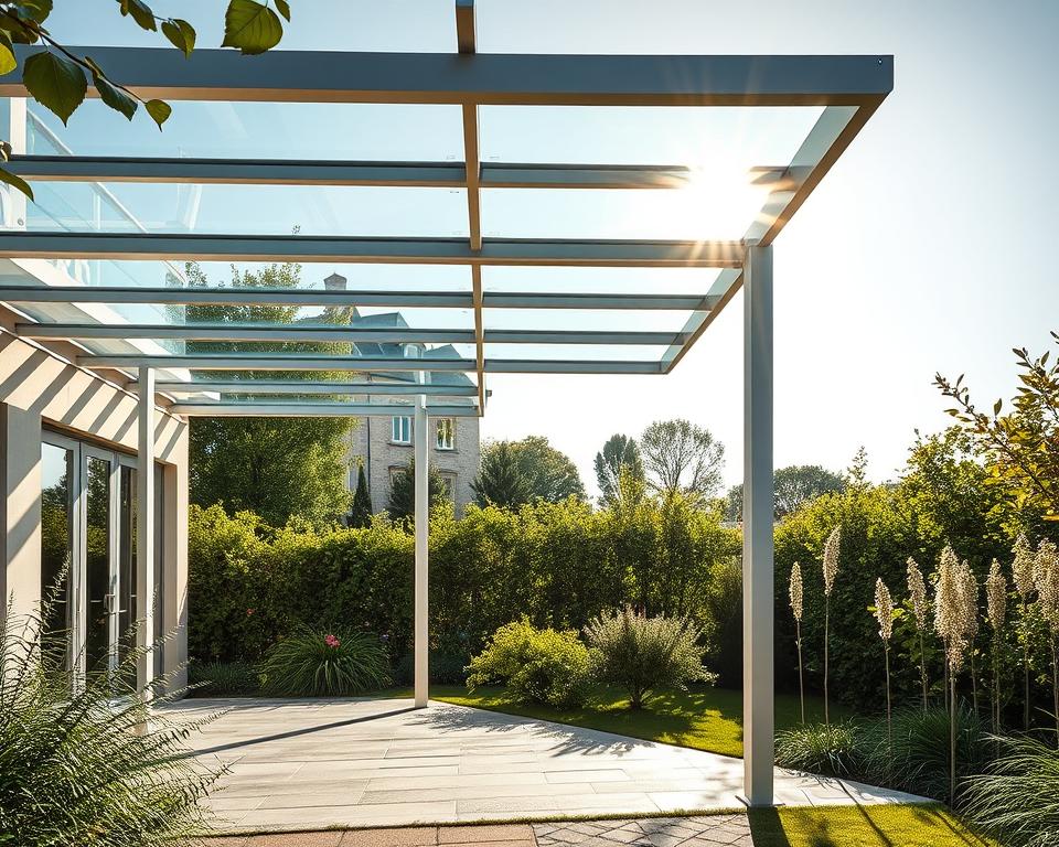 A contemporary glass-paneled pergola stands in a sun-drenched garden in Geleen, the RADOLUX branding prominently displayed. Sleek aluminum frames support the expansive glass roof, casting a warm, natural glow across the space. The structure's clean lines and minimalist aesthetic seamlessly integrate with the lush, verdant surroundings. Gentle shadows dance across the paved patio, creating a serene and inviting outdoor living area perfect for relaxation or entertaining. The glass panels provide unobstructed views of the garden, blurring the boundaries between indoor and outdoor spaces and allowing the natural beauty to take center stage.