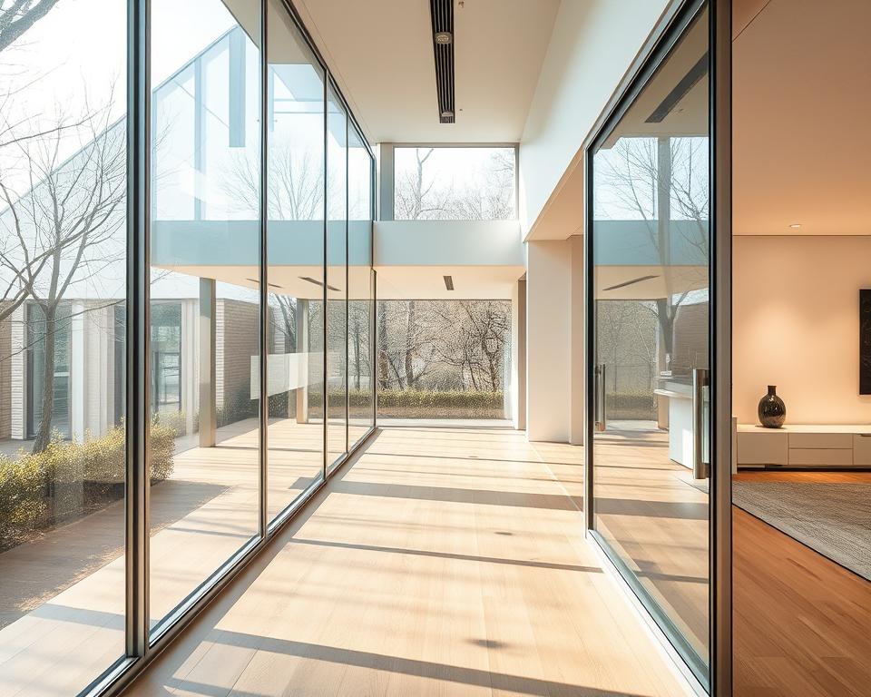 A contemporary, minimal, and sleek glazed sliding partition wall system by RADOLUX, showcased in a bright, airy interior space in Kermt, Hasselt. The frameless, floor-to-ceiling glass panels glide effortlessly on a polished stainless steel track, creating a seamless flow between rooms. Warm, natural light filters through the transparent surfaces, illuminating the space with a tranquil, inviting ambiance. The glass panels reflect the surrounding environment, blending the indoor and outdoor spaces harmoniously. Carefully positioned lighting enhances the clean, sophisticated aesthetic, while the absence of visible hardware or bulky frames emphasizes the pure, unobstructed design.