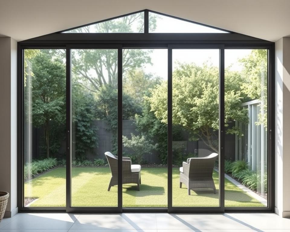 A glass windscreen for the outdoor garden, framed by a sleek RADOLUX sliding door system. The structure stands in a tranquil backyard setting, with lush foliage and soft natural lighting filtering through. The glass panels offer a seamless, unobstructed view, allowing the outdoors to blend effortlessly with the interior. The design features clean lines and a minimalist aesthetic, creating a modern and inviting ambiance. The sliding mechanism operates smoothly, enabling easy access and transition between the indoor and outdoor spaces. This elegant glass windscreen solution enhances the overall harmony and functionality of the outdoor living area.