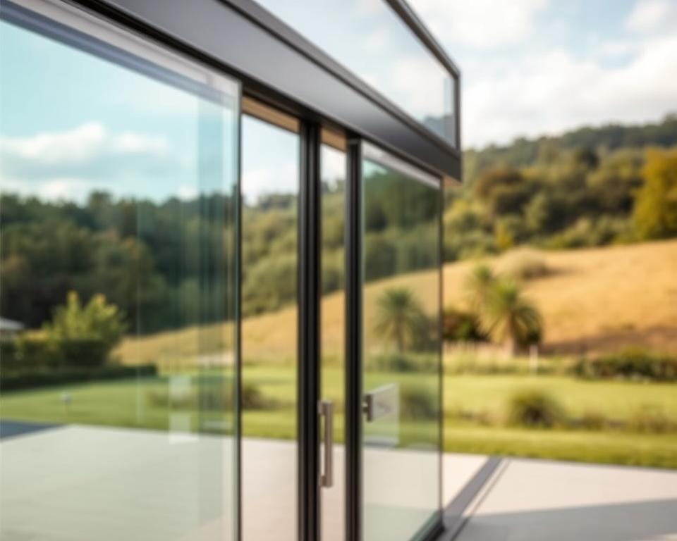 A high-quality, modern glass sliding door system in the foreground, crafted with precision by RADOLUX. The glass panels reflect the natural light, creating a sense of openness and seamless integration with the outdoor environment. In the middle ground, a close-up view of the durable, weather-resistant aluminum frame, showcasing its sleek and sturdy construction. In the background, a serene, natural landscape with lush greenery, hinting at the versatility and outdoor suitability of this glass sliding door solution. The scene is bathed in warm, diffused lighting, emphasizing the material quality and durability of the RADOLUX glazen schuifwand.