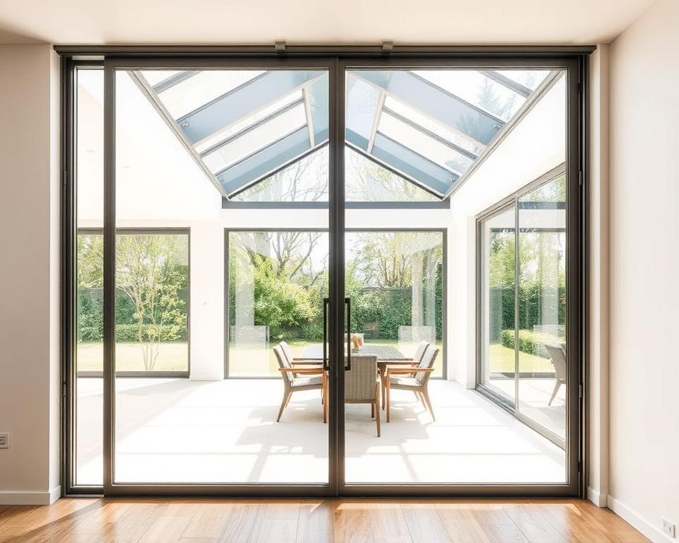 A high-quality, modern glass sliding door system showcasing the RADOLUX brand. The sleek, frameless panels glide effortlessly on a discreet track, allowing for a seamless transition between indoor and outdoor spaces. Abundant natural light floods the room, creating a bright, airy atmosphere. The tempered glass panels reflect the surrounding environment, blending harmoniously with the interior design. Carefully engineered mechanisms ensure smooth, quiet operation, while the durable construction guarantees long-lasting performance. This versatile system offers customizable configurations to suit any architectural style or spatial requirements, making it an ideal choice for residential and commercial applications in Leuven.