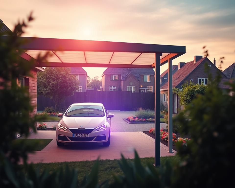 A modern RADOLUX carport with a sleek, minimalist design stands prominently in the foreground, casting a warm, inviting glow over the scene. In the middle ground, a well-manicured garden with lush greenery frames the carport, creating a harmonious and natural backdrop. In the background, the charming residential neighborhood of Houthalen can be seen, with its neatly arranged homes and a sense of tranquility. The lighting is soft and diffused, creating a cozy and welcoming atmosphere, perfect for showcasing the RADOLUX terrasoverkapping and its seamless integration into the home's exterior.