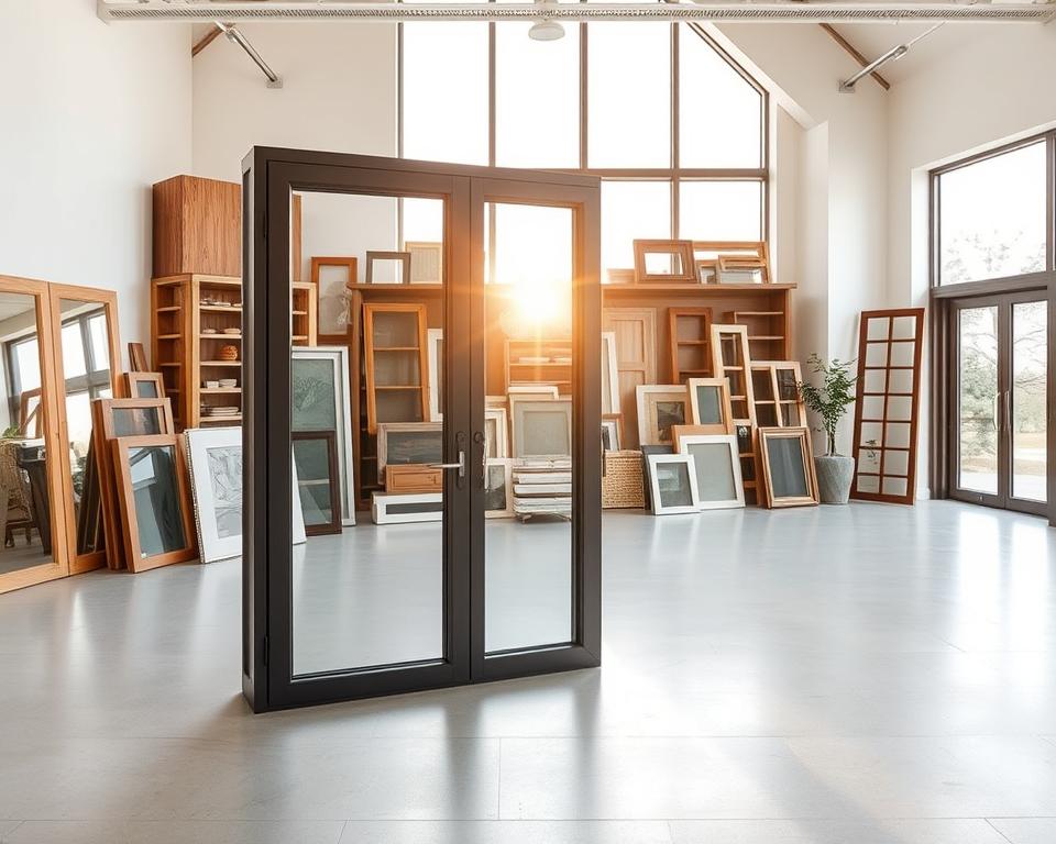 A modern and minimalist showroom, showcasing a variety of high-quality materials for windows and doors. In the foreground, a sleek RADOLUX glazed sliding door system stands prominently, its glass panels reflecting the warm, natural lighting that filters in from the large windows in the background. The middle ground features an array of wooden frames, ranging from light oak to rich mahogany, alongside contemporary aluminum options in muted tones. The background captures a serene, airy atmosphere, with a neutral color palette and clean lines, emphasizing the focus on the materials and their seamless integration into the overall design.