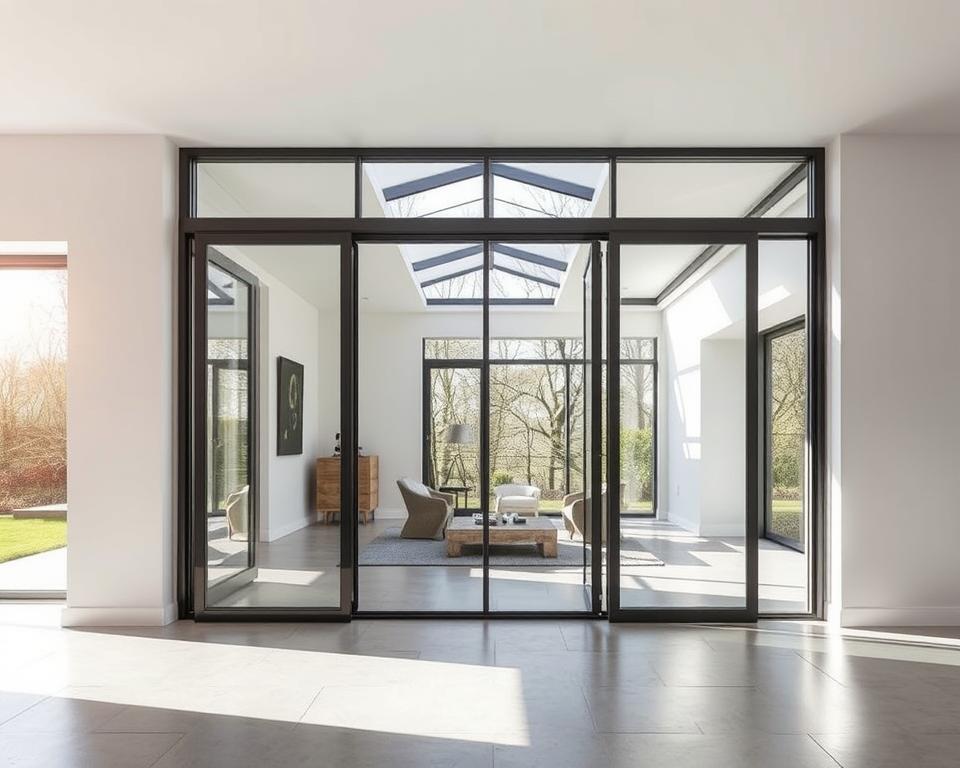 A modern, sleek glass folding wall system from RADOLUX, the leading manufacturer of high-quality glazed sliding doors. The scene depicts a well-lit, spacious interior with a seamless, continuous glass partition that can be effortlessly folded and stacked to create an open, airy flow between indoor and outdoor spaces. Sunlight filters through the large, frameless glass panels, casting a warm, inviting glow throughout the room. The installation showcases the exceptional craftsmanship and versatility of the RADOLUX glazen vouwwanden, a practical and aesthetically pleasing alternative for optimizing space and connectivity in any Gierlo home or commercial setting.