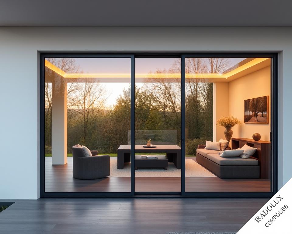 A modern, sleek glass sliding door system with a RADOLUX brand name, showcasing a seamless, frameless design. The large glass panels reflect the surrounding natural landscape, creating a harmonious and inviting outdoor living space. Warm, soft lighting illuminates the area, casting a cozy ambiance. The door mechanism glides effortlessly, allowing easy access to the exterior. The glass is tempered for enhanced safety and durability, providing a sturdy yet transparent barrier between the indoor and outdoor environments. The installation is precise, ensuring a flush, integrated appearance that complements the contemporary architecture of the home in the Geel region.