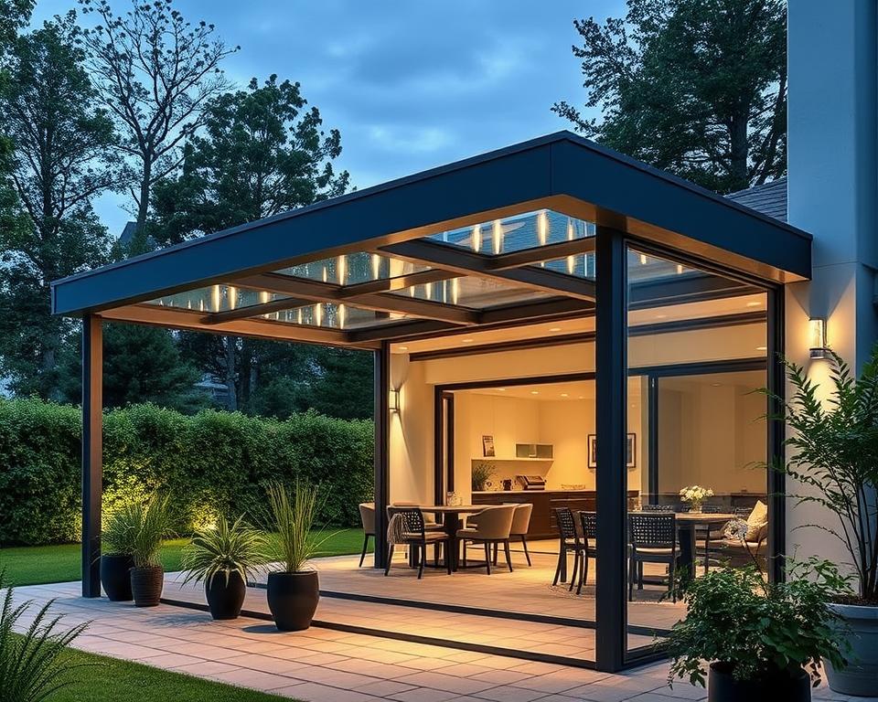 A modern, sleek terrace overkapping (patio cover) by RADOLUX with a minimalist glass solution. The structure features a series of frameless, sliding glass panels that seamlessly integrate with the aluminum frame, allowing for unobstructed views and maximum light penetration. The overkapping is situated in a lush, green outdoor setting, with a paved patio area and potted plants surrounding it. Soft, diffused lighting illuminates the scene, creating a warm and inviting ambiance. The overall design is elegant and sophisticated, perfectly complementing the natural elements and elevating the outdoor living experience.