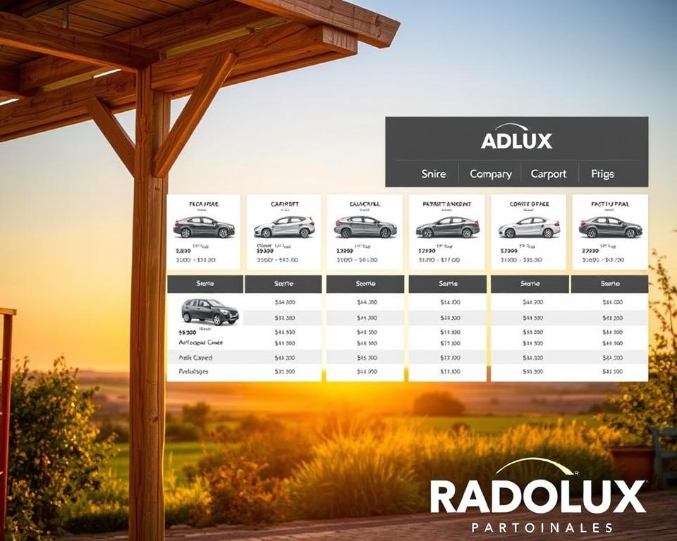 A rustic wooden carport stands in the foreground, its sturdy beams and natural grain reflecting the warmth of the setting sun. In the middle ground, various carport options are displayed, their prices and key features neatly organized for comparison. The background features a serene landscape, perhaps a lush garden or a tranquil countryside setting. The overall scene conveys a sense of practicality and informed decision-making, with the RADOLUX brand prominently featured as a reliable choice for the viewer's carport needs.
