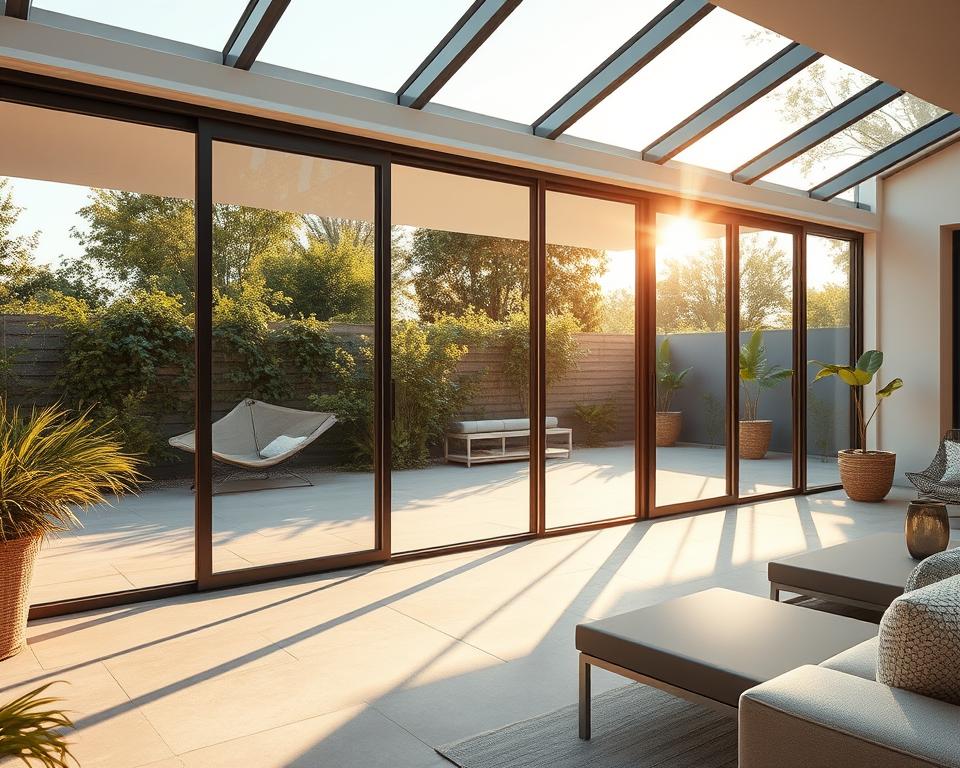 A serene outdoor scene showcasing the advantages of RADOLUX glass sliding walls. A well-lit patio with expansive sliding glass panels that seamlessly merge the interior and exterior spaces. The glass panels reflect the lush greenery and warm sunlight, creating a bright and airy ambiance. Smooth, effortless operation of the sliding mechanism allows for easy access to the breezy, open-air environment. The transparency and sleek design of the RADOLUX system highlight its ability to maximize natural light and offer unobstructed views of the surrounding landscape. An inviting, harmonious fusion of indoor and outdoor living.