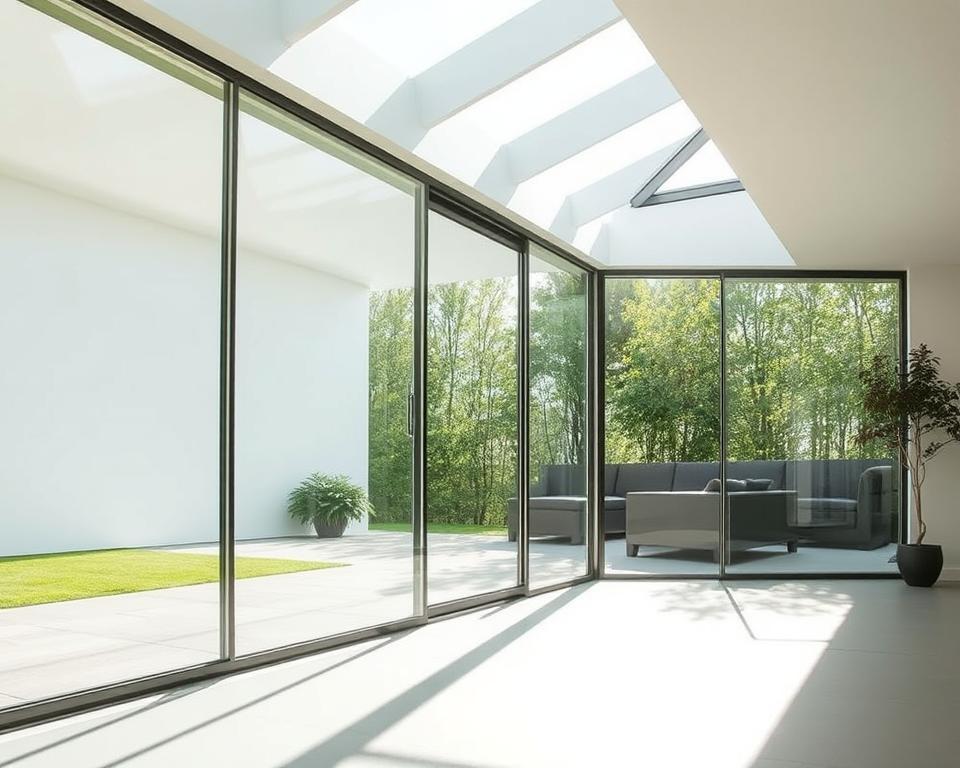 A sleek and modern glass sliding wall system, the RADOLUX glazen schuifwand, stands in a bright, airy space in Kermt, Hasselt. Sunlight pours through the expansive, frameless glass panels, creating a seamless transition between indoor and outdoor areas. The smooth, effortless movement of the sliding panels is accentuated by minimalist hardware, showcasing the premium quality and attention to detail. The glass wall's crystal-clear transparency allows for unobstructed views, while its durable, tempered glass construction ensures safety and security. This versatile, space-saving solution combines form and function, making it the perfect choice for modern living and commercial spaces in Hasselt.