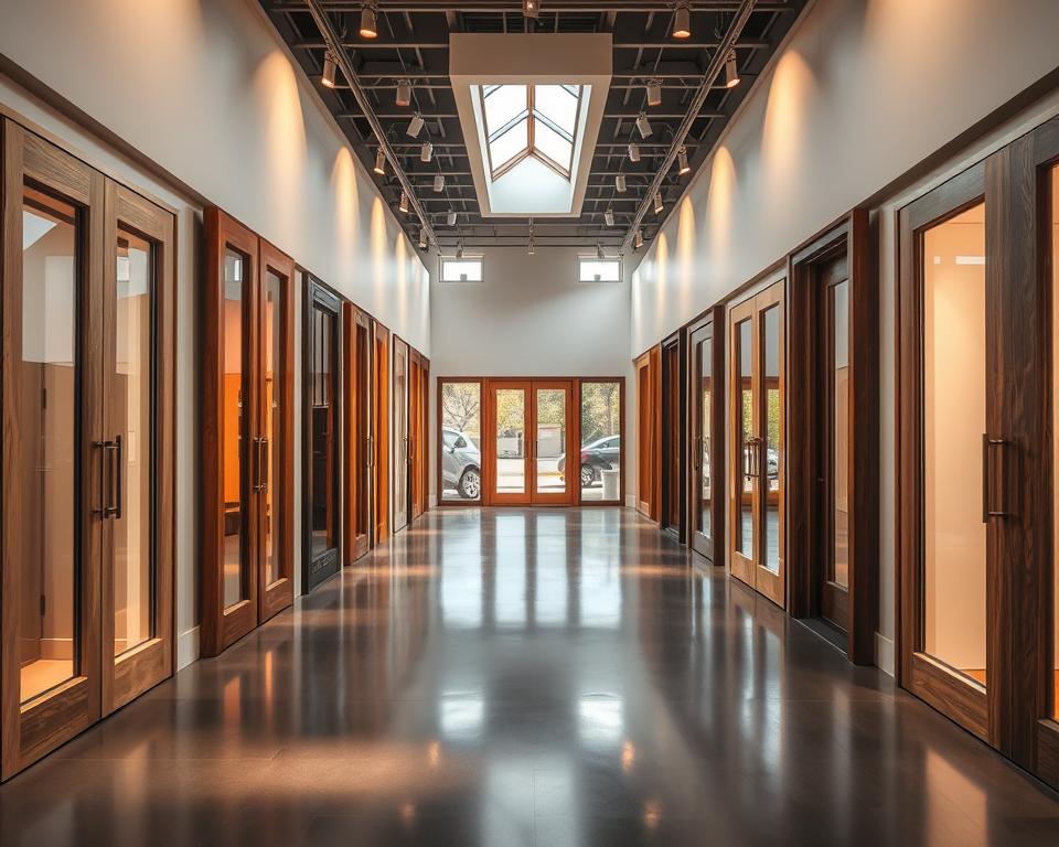 A spacious, well-lit showroom showcases an array of custom-crafted RADOLUX ramen and doors made from premium aluminum, wood, and PVC. Smooth, gleaming surfaces reflect the warm glow of carefully positioned lighting, highlighting the intricate textures and natural grains of the diverse materials. Sleek, modern frames in clean lines and subtle tones create a harmonious, inviting atmosphere, perfect for showcasing the high-quality craftsmanship and versatility of these architectural elements.
