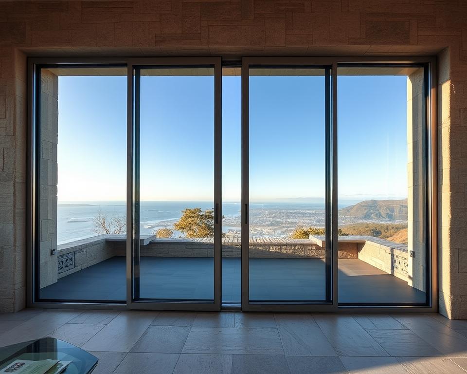 A striking panoramic view of sleek, modern RADOLUX glazen schuifwanden in stein, their glass panels gleaming under soft, natural lighting. The sliding doors seamlessly integrate with the surrounding stone architecture, creating a harmonious, high-end aesthetic. The foreground showcases the intricate metal frame and precision engineering, while the middle ground reveals the unobstructed outdoor scenery beyond. The overall scene conveys a sense of luxury, elegance, and seamless indoor-outdoor living.