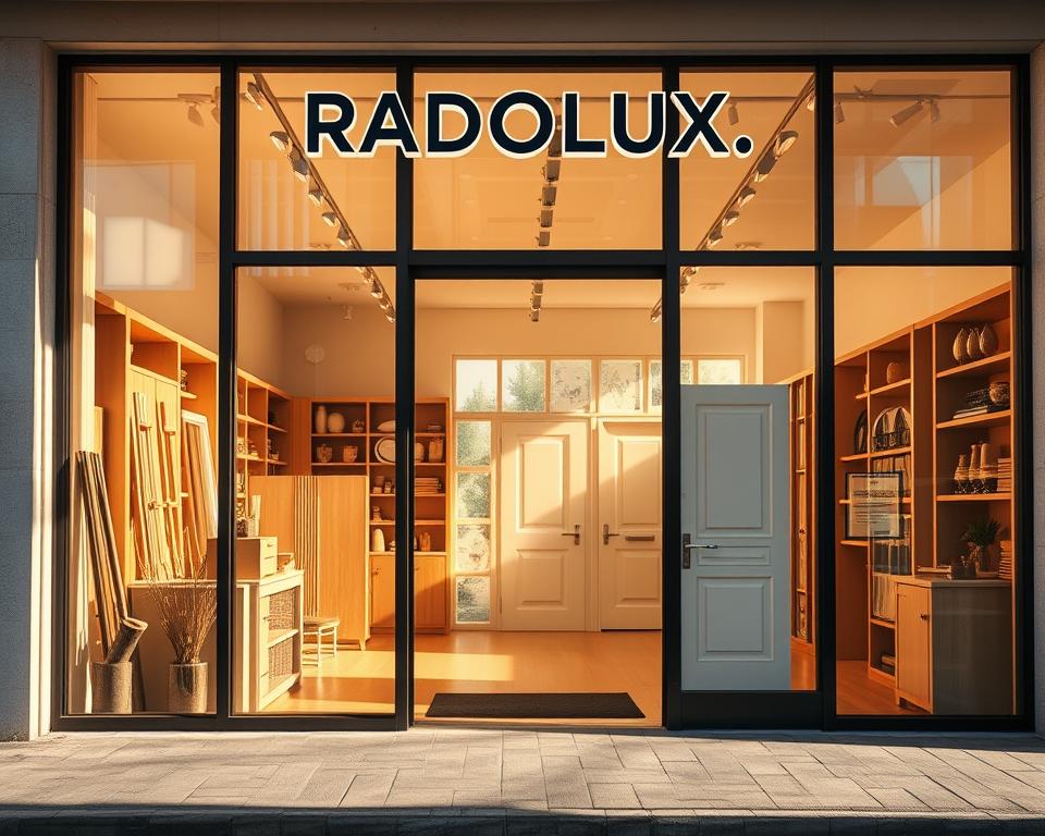 A sunny, inviting storefront showcasing RADOLUX's expertly crafted ramen and doors. The large display windows offer glimpses of the meticulously organized showroom, where an array of high-quality ramen and sleek, modern door designs are showcased against a backdrop of warm, natural lighting. The interior space radiates a sense of quality craftsmanship and attention to detail, with clean, minimalist shelving and displays accentuating the products. The overall atmosphere conveys a professional, reliable, and customer-focused business dedicated to providing the best ramen and doors in Diepenbeek.
