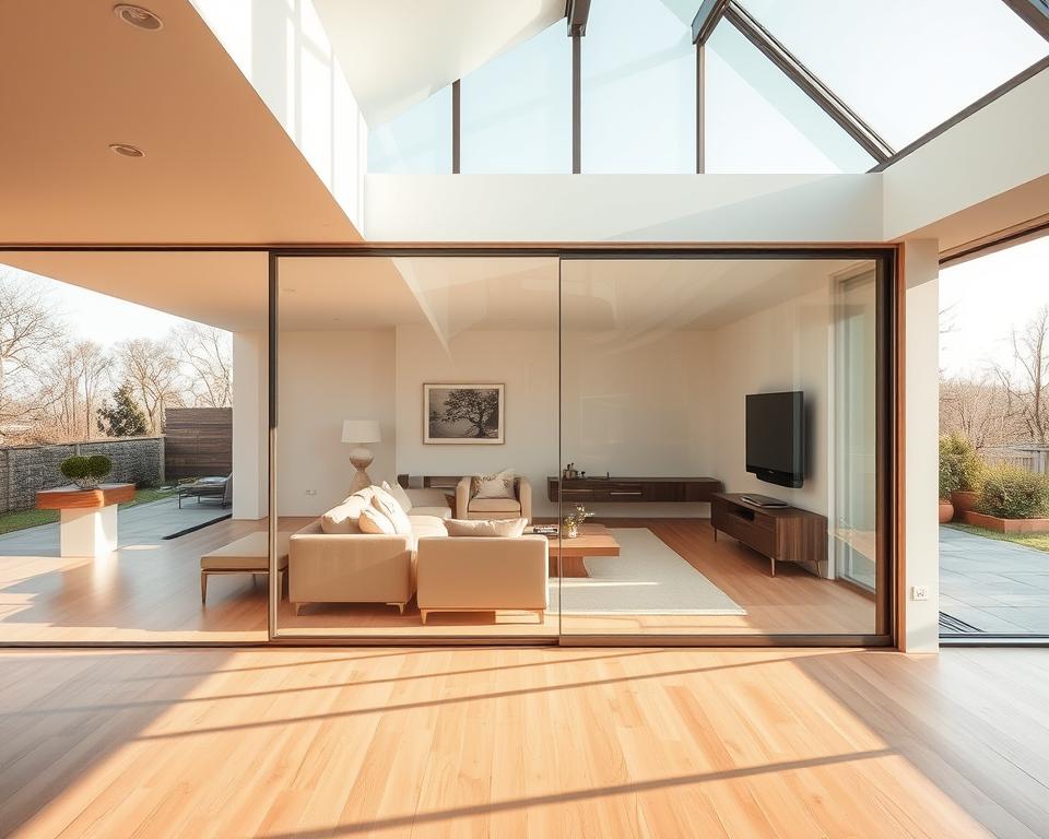 A well-lit, contemporary interior showcasing a sleek RADOLUX glass sliding wall system. The frameless, floor-to-ceiling panels glide effortlessly, seamlessly integrating the living room and terrace. Warm natural light filters through the crystal-clear panes, creating a bright, airy ambiance. The tempered glass panels reflect the surrounding environment, blending the indoor and outdoor spaces. Precise engineering allows the sliding mechanism to operate smoothly, ensuring a functional and visually stunning architectural feature. This modern, minimalist design embodies the intersection of form and function, perfectly capturing the essence of "werking glazen schuifwanden".