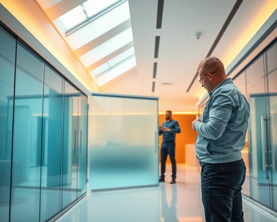 A well-lit, modern showroom displays a range of professional-grade RADOLUX glass sliding walls. The foreground features a showcase of seamless, floor-to-ceiling panels in a variety of tinted and frosted finishes. In the middle ground, a trained technician demonstrates the effortless operation of the sturdy, precision-engineered hardware. The background blends sleek, minimalist design elements with warm, natural lighting, creating an atmosphere of sophistication and functionality. The overall scene conveys the exceptional quality and meticulous attention to detail that defines RADOLUX's professional glazed sliding wall service.