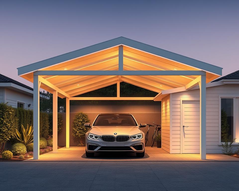 Carport with integrated storage shed: a RADOLUX design showcasing seamless functionality. A spacious carport structure with a contemporary gabled roof, complemented by an attached, harmoniously integrated storage space. Warm lighting illuminates the clean, minimalist aesthetic, casting a welcoming ambiance. The carport's wide entryway and ample interior space provide convenient vehicle parking, while the storage shed offers ample room for gardening tools, bicycles, and additional outdoor items. Crafted with high-quality materials and precise attention to detail, this RADOLUX carport with integrated storage elevates the practical and the aesthetic, creating a cohesive, aesthetically pleasing addition to any home.